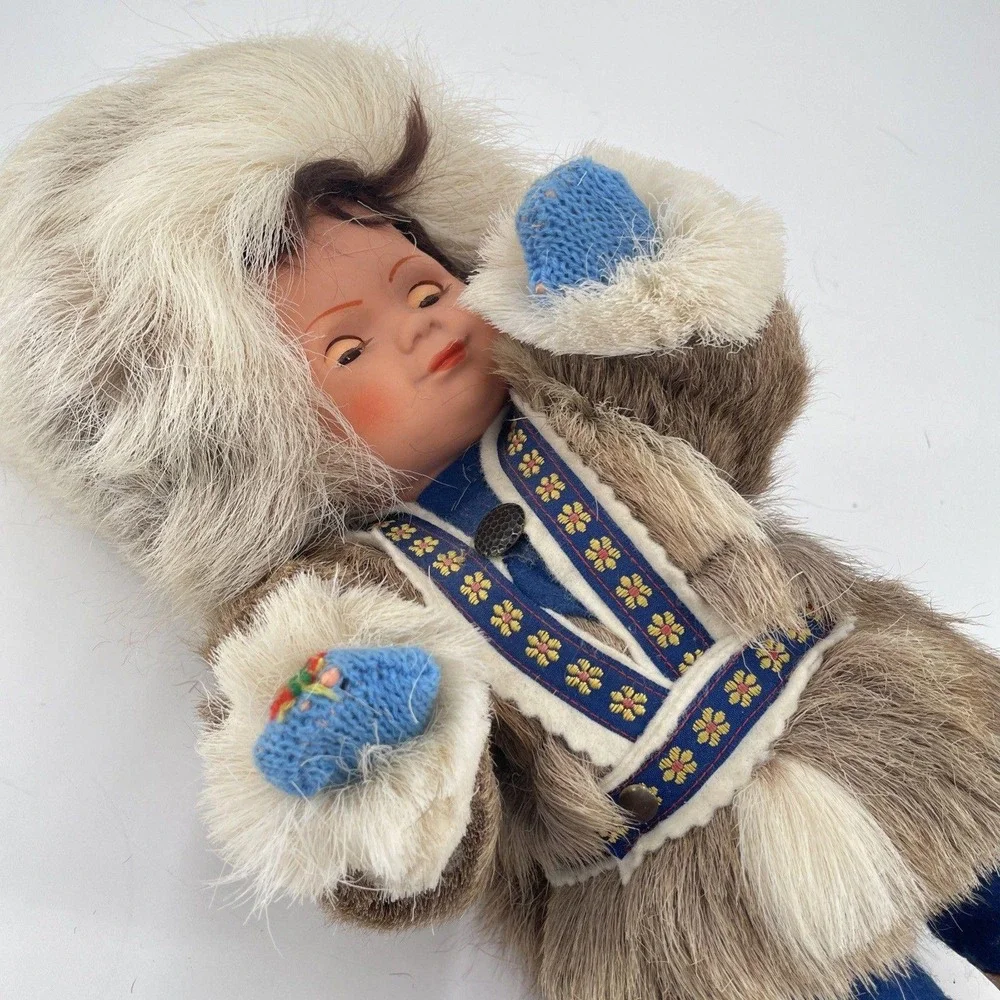 Vintage Inuit Eskimo Doll Faux Fur Parka Moccasins Blue Embroidered Trim 12 Inch